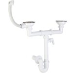 Kétmedencés mosogató szifon, két Ø114 mm-es leeresztőszeleppel, szögletes túlfolyóval, mosogatógép csatlakozással, Ø40 mm-es elfolyással