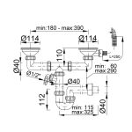 Kétmedencés mosogató szifon, két Ø114 mm-es leeresztőszeleppel, szögletes túlfolyóval, mosogatógép csatlakozással, Ø40 mm-es elfolyással