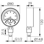 Termomanométer alsós csatl. 0-120°C, 6 bar, Ø80 mm, 1/2"  