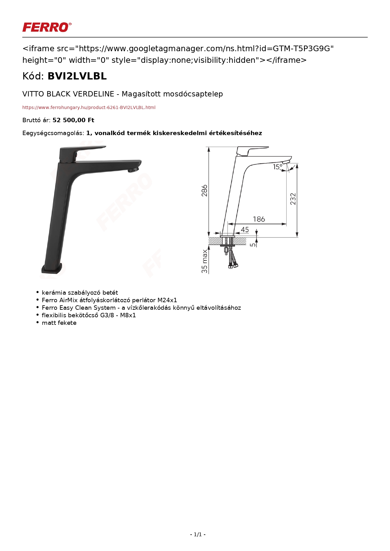 VITTO BLACK VERDELINE Magasított mosdócsaptelep